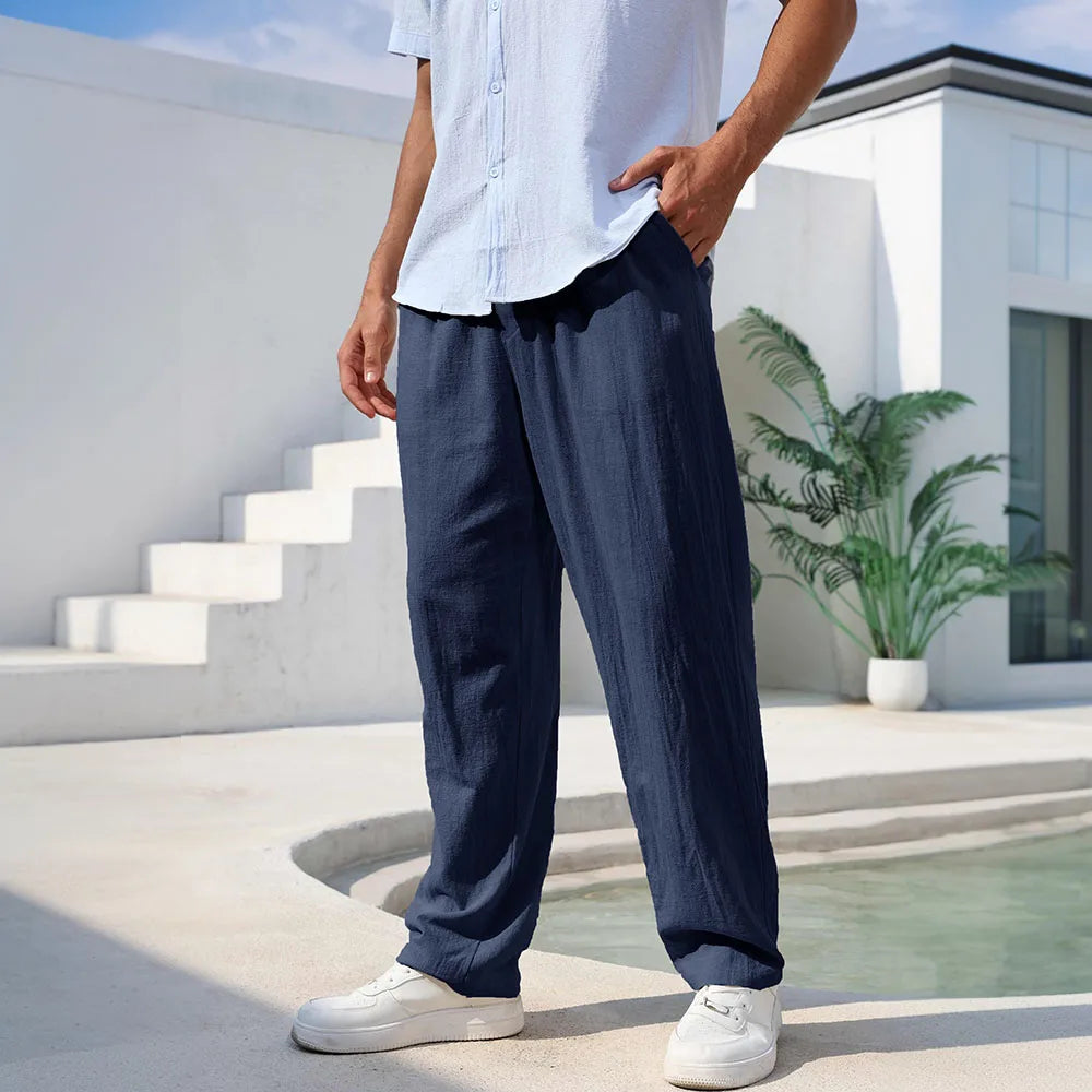 Pantalon pour homme en mélange coton-lin, coupe droite, léger, respirant et confortable ; style décontracté type plage, couleur unie, agréable à porter. YC Studio