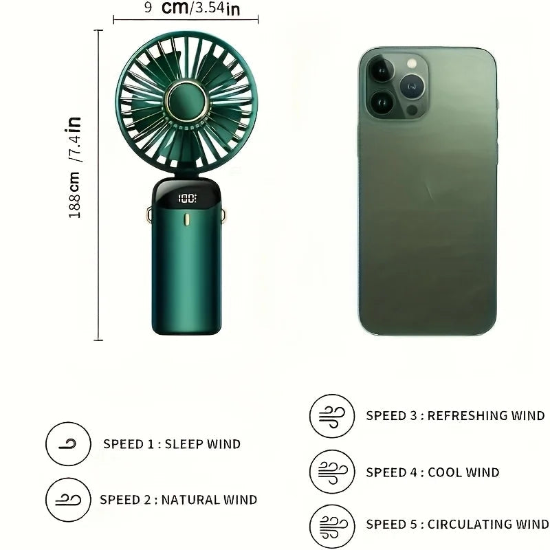 Portable Mini Fan With 6 Speeds LED USB Rechargeable Charging Small Foldable Battery Fans Handheld Desk Bedroom Indoor Outdoor YC Studio