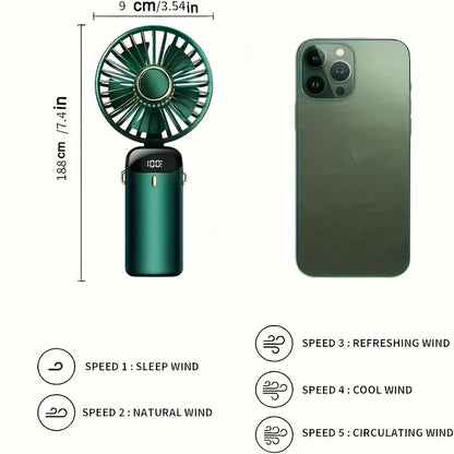 Portable Mini Fan With 6 Speeds LED USB Rechargeable Charging Small Foldable Battery Fans Handheld Desk Bedroom Indoor Outdoor YC Studio