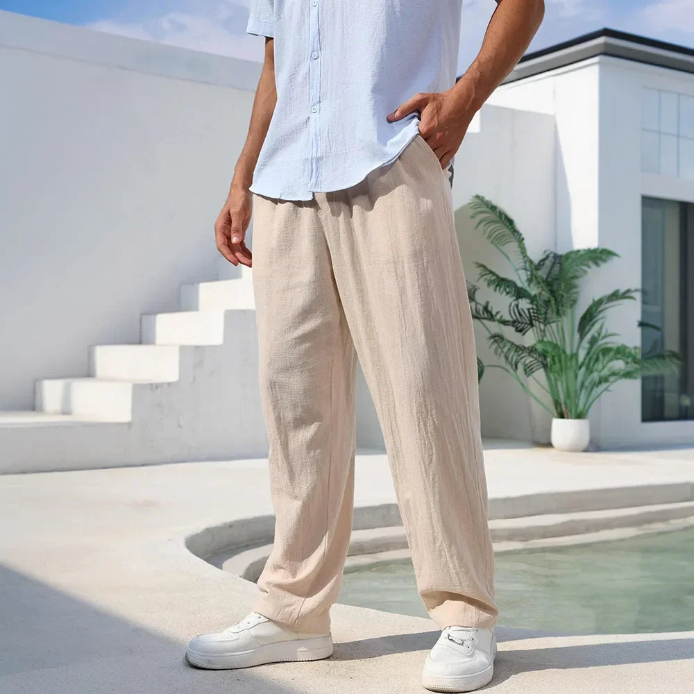 Pantalon pour homme en mélange coton-lin, coupe droite, léger, respirant et confortable ; style décontracté type plage, couleur unie, agréable à porter. YC Studio
