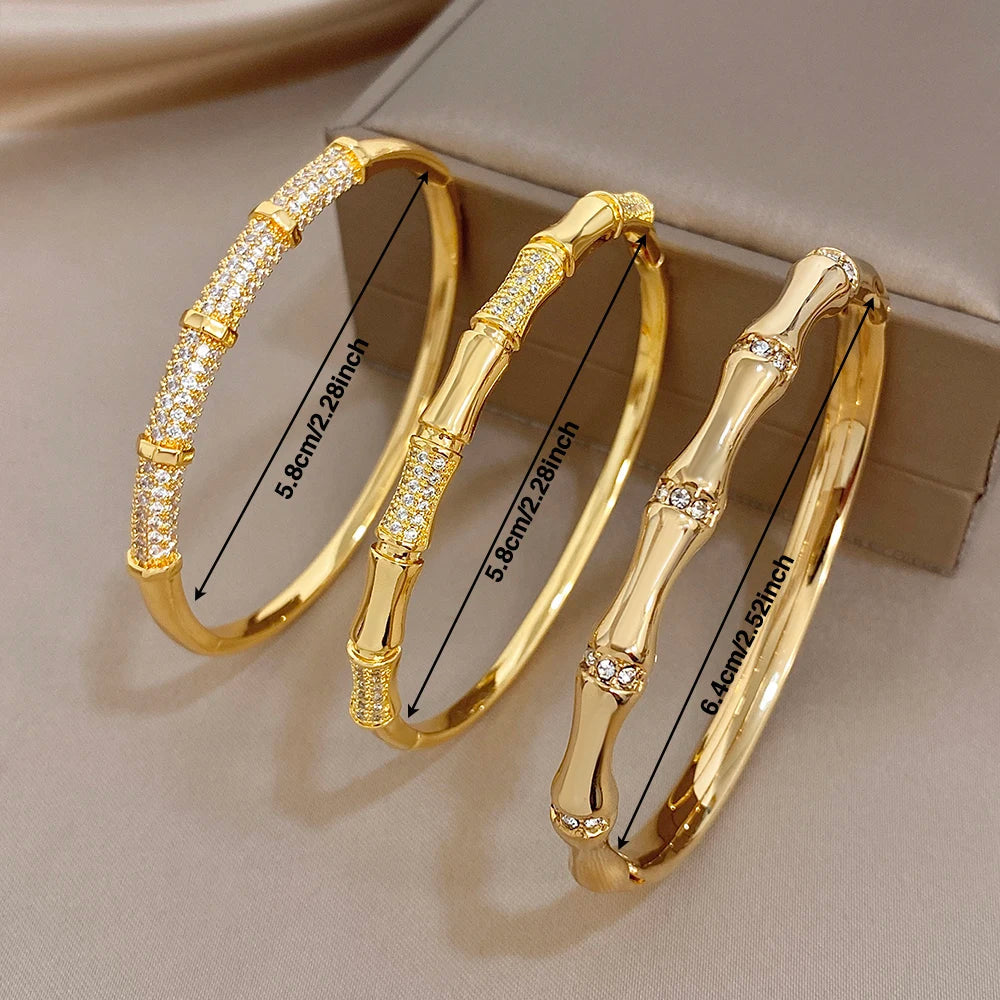 Elegant Diamond-encrusted Bone Bamboo Joint Shape Cuff Bracelet For Women Classic Plated Gold Shiny Temperament Jewelry Set Sans anicroche