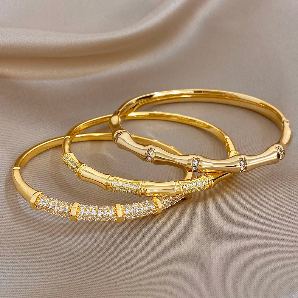 Elegant Diamond-encrusted Bone Bamboo Joint Shape Cuff Bracelet For Women Classic Plated Gold Shiny Temperament Jewelry Set Sans anicroche