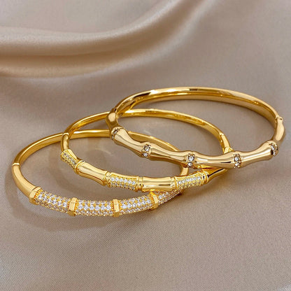Elegant Diamond-encrusted Bone Bamboo Joint Shape Cuff Bracelet For Women Classic Plated Gold Shiny Temperament Jewelry Set Sans anicroche