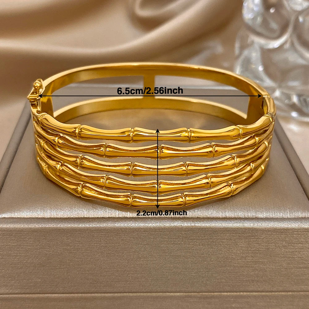 Elegant Diamond-encrusted Bone Bamboo Joint Shape Cuff Bracelet For Women Classic Plated Gold Shiny Temperament Jewelry Set Sans anicroche