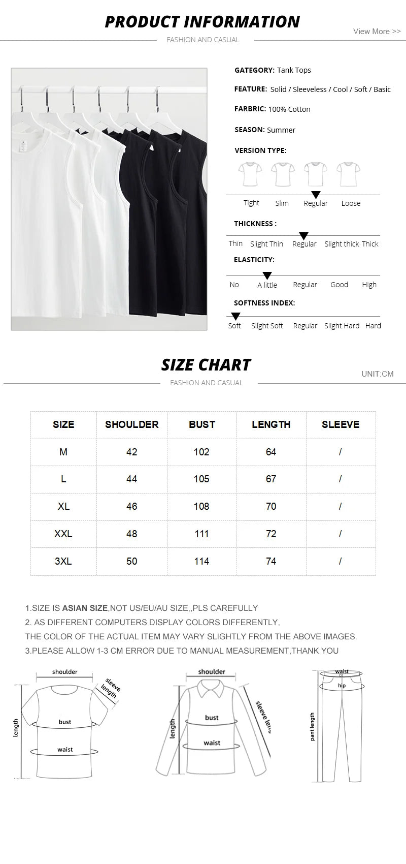 Summer Basic 100% Cotton Men Tank Tops Black White Gray YC Studio