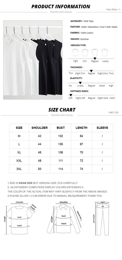 Summer Basic 100% Cotton Men Tank Tops Black White Gray YC Studio