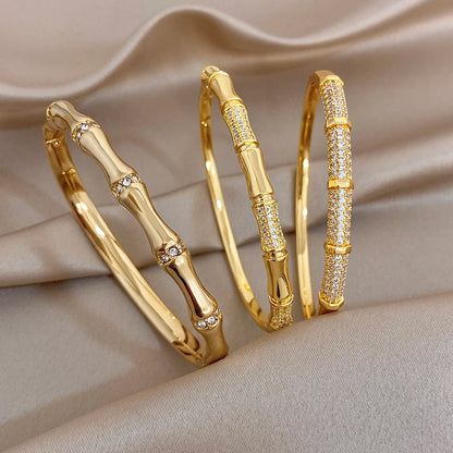 Elegant Diamond-encrusted Bone Bamboo Joint Shape Cuff Bracelet For Women Classic Plated Gold Shiny Temperament Jewelry Set Sans anicroche