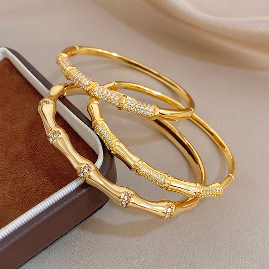 Elegant Diamond-encrusted Bone Bamboo Joint Shape Cuff Bracelet For Women Classic Plated Gold Shiny Temperament Jewelry Set Sans anicroche