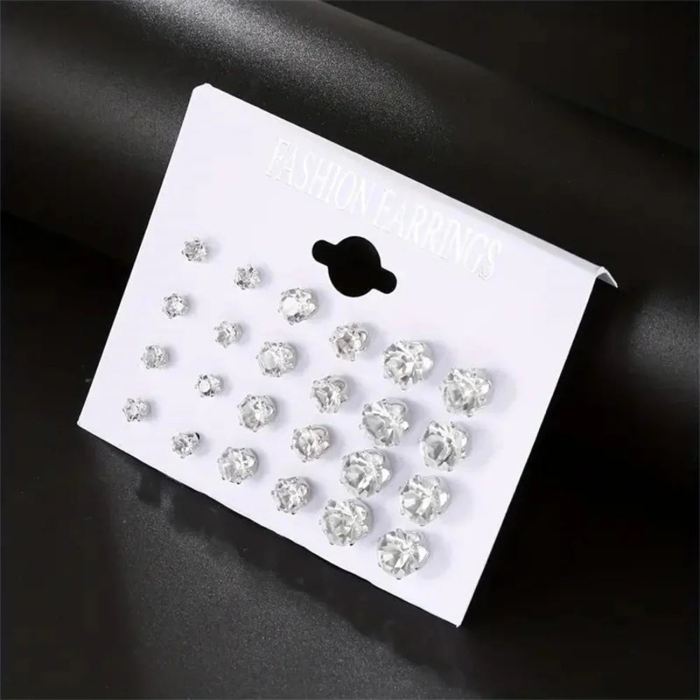 Set de 12 Boucles d'oreilles en  Acier Argenté avec Gemmes – Bijoux Unisexe Sans anicroche