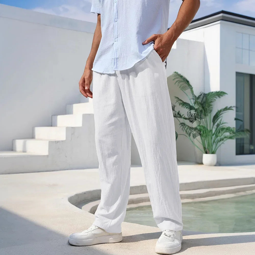 Pantalon pour homme en mélange coton-lin, coupe droite, léger, respirant et confortable ; style décontracté type plage, couleur unie, agréable à porter. YC Studio
