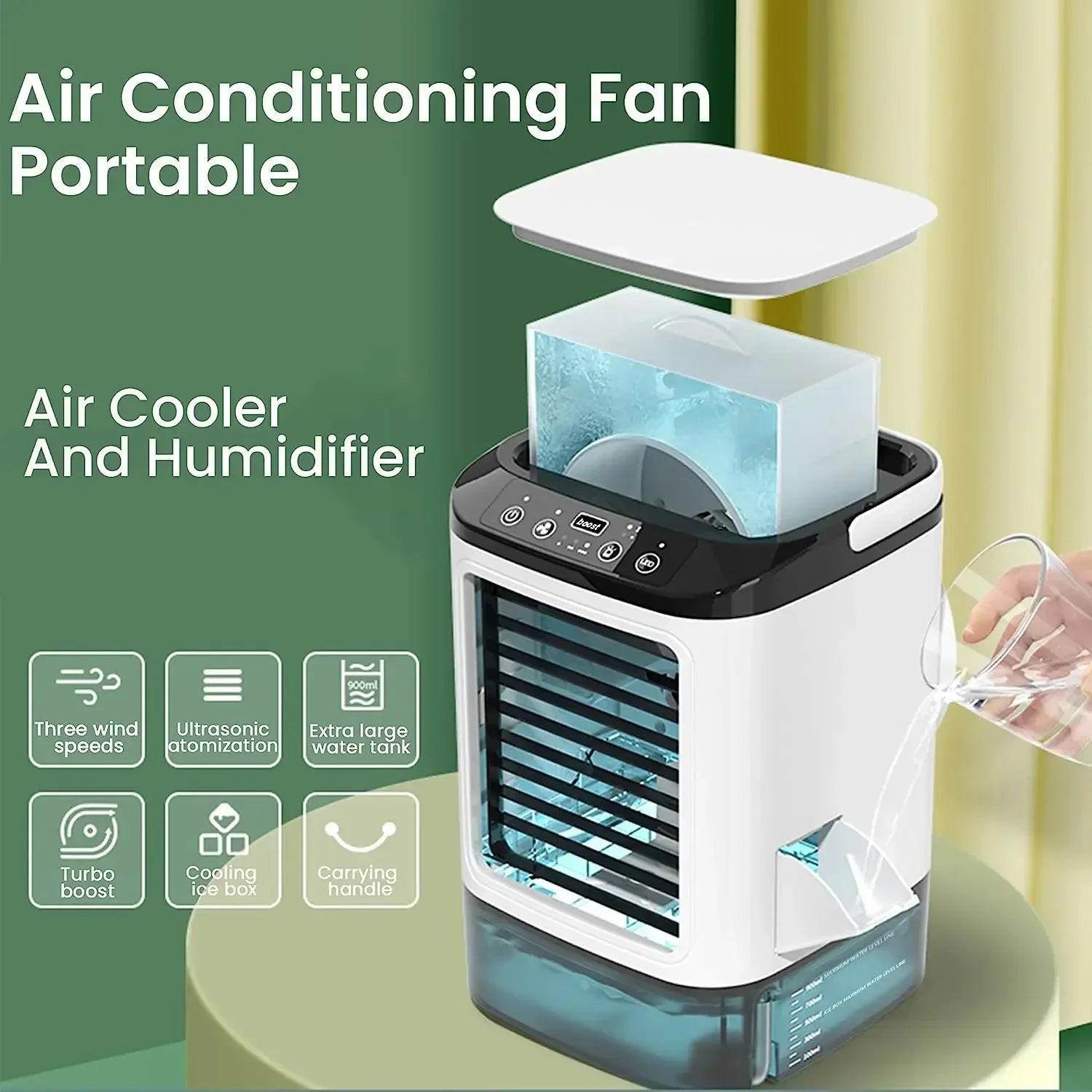 Air Conditioner Portable Fan Desktop Dual Spray Ultrasonic Atomization 3-Speed Mute Air Cooler Night Light Electric Fan for Home YC Studio