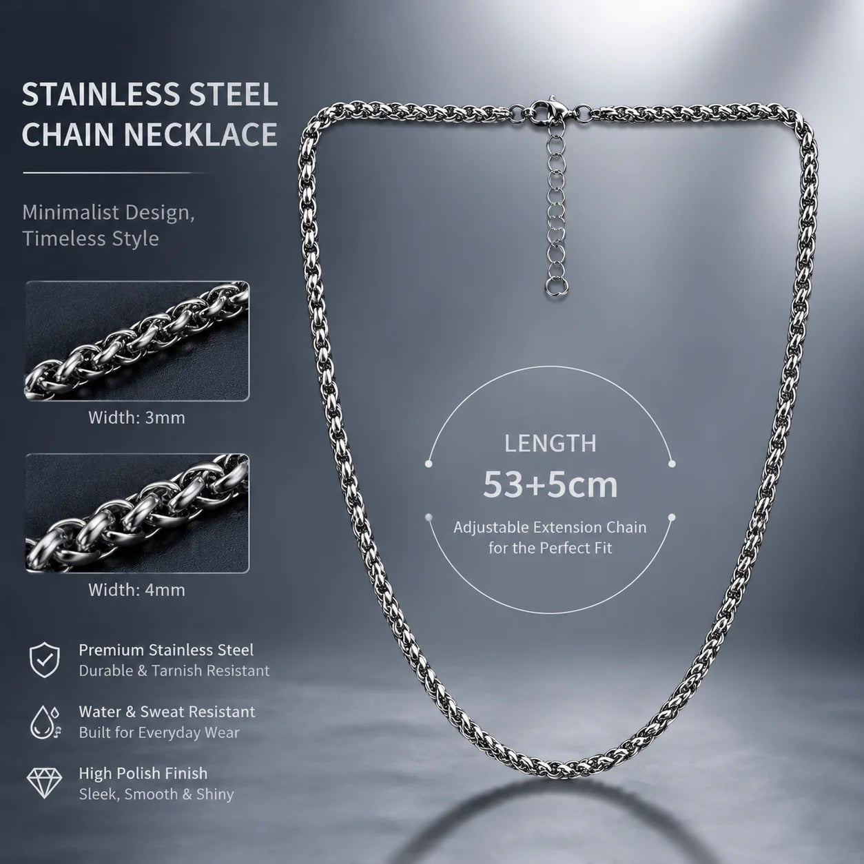 Collier chaîne blé pour femmes et hommes, style corde tressée en acier inoxydable, hypoallergénique, couleur argentée | Minimaliste au quotidien YC Studio