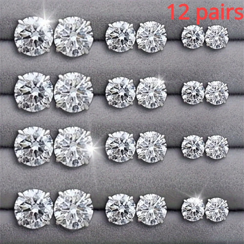Set de 12 Boucles d'oreilles en  Acier Argenté avec Gemmes – Bijoux Unisexe Sans anicroche