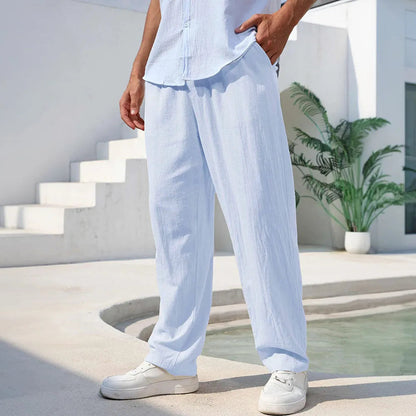 Pantalon pour homme en mélange coton-lin, coupe droite, léger, respirant et confortable ; style décontracté type plage, couleur unie, agréable à porter. YC Studio