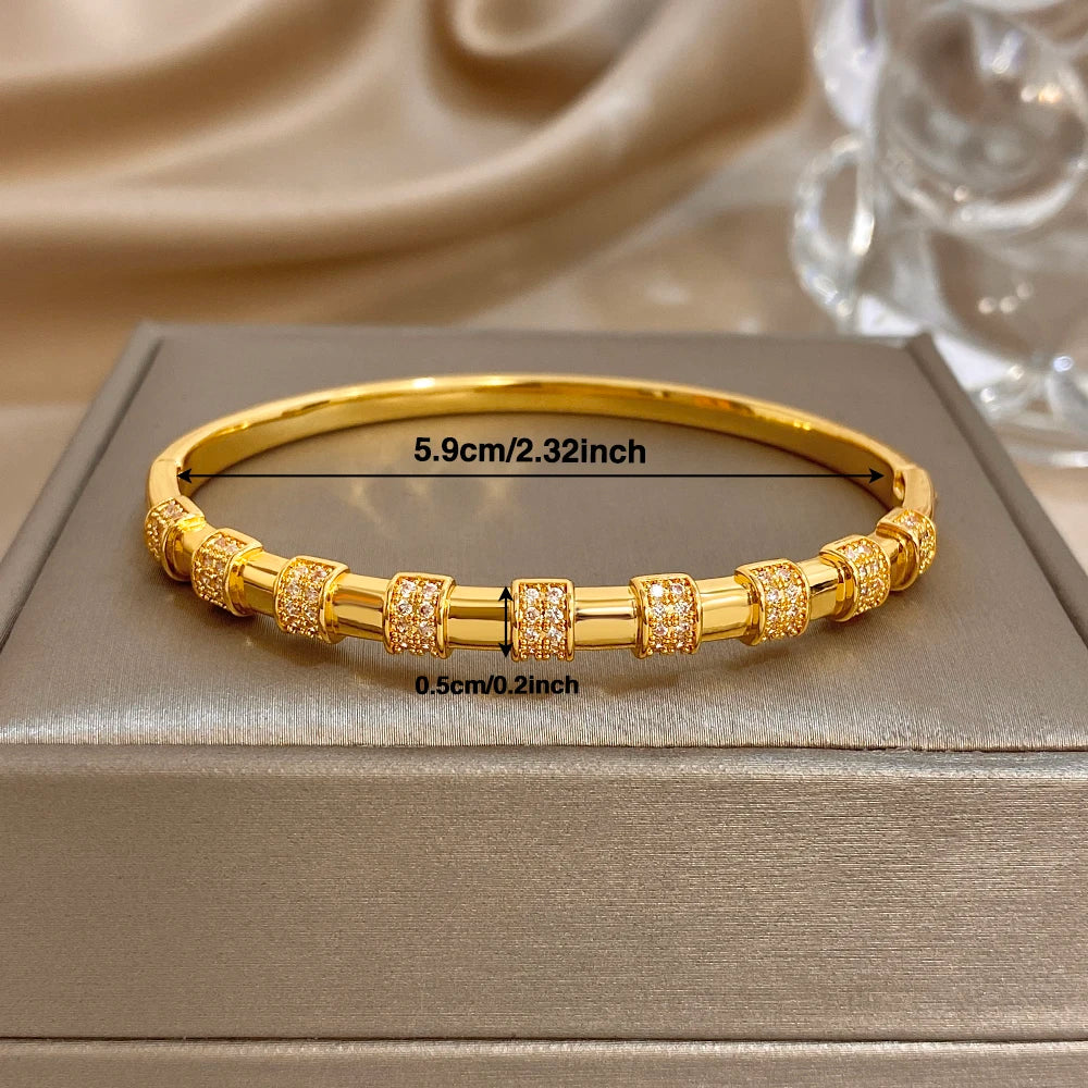 Elegant Diamond-encrusted Bone Bamboo Joint Shape Cuff Bracelet For Women Classic Plated Gold Shiny Temperament Jewelry Set Sans anicroche
