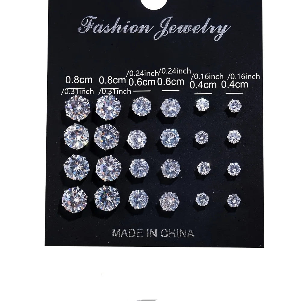 Set de 12 Boucles d'oreilles en  Acier Argenté avec Gemmes – Bijoux Unisexe Sans anicroche