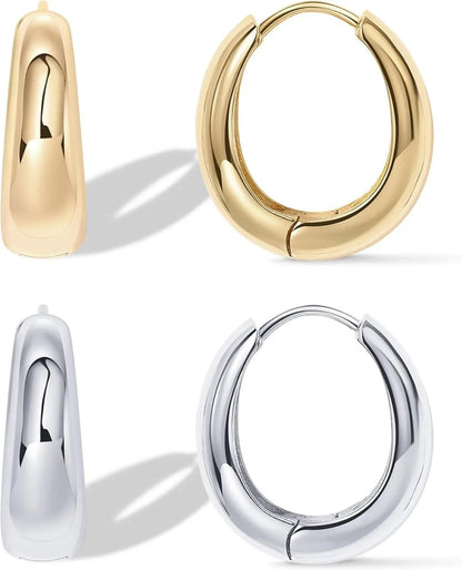 14K Gold Plated Sterling Silver Post Small Chunky Hoops Earrings | Thick Lightweight Gold Hoop Earrings for Women Retro style Sans anicroche