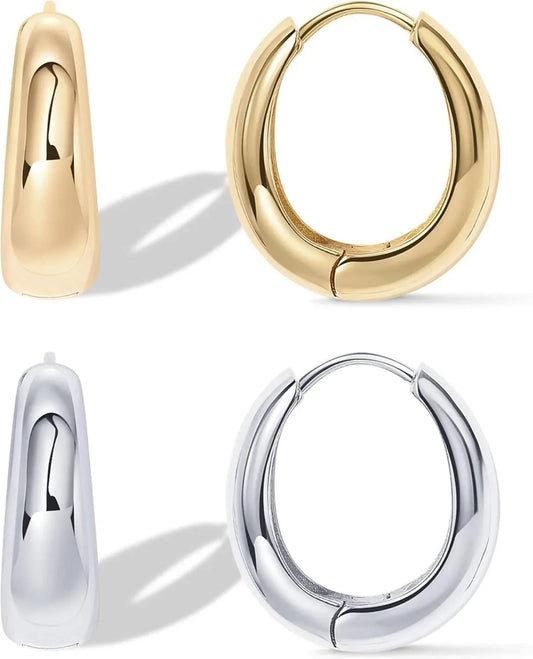 14K Gold Plated Sterling Silver Post Small Chunky Hoops Earrings | Thick Lightweight Gold Hoop Earrings for Women Retro style Sans anicroche