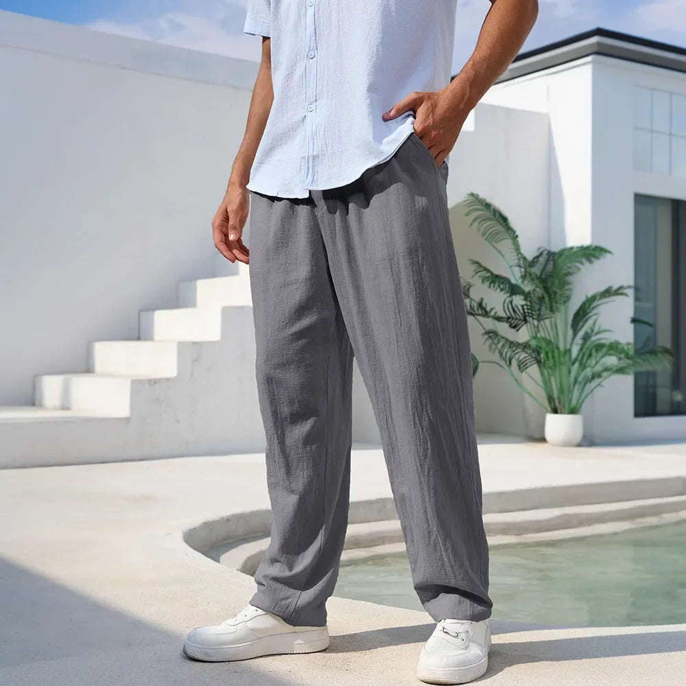 Pantalon pour homme en mélange coton-lin, coupe droite, léger, respirant et confortable ; style décontracté type plage, couleur unie, agréable à porter. YC Studio