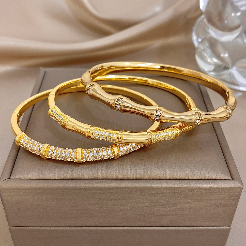 Elegant Diamond-encrusted Bone Bamboo Joint Shape Cuff Bracelet For Women Classic Plated Gold Shiny Temperament Jewelry Set Sans anicroche