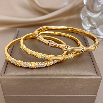Elegant Diamond-encrusted Bone Bamboo Joint Shape Cuff Bracelet For Women Classic Plated Gold Shiny Temperament Jewelry Set Sans anicroche