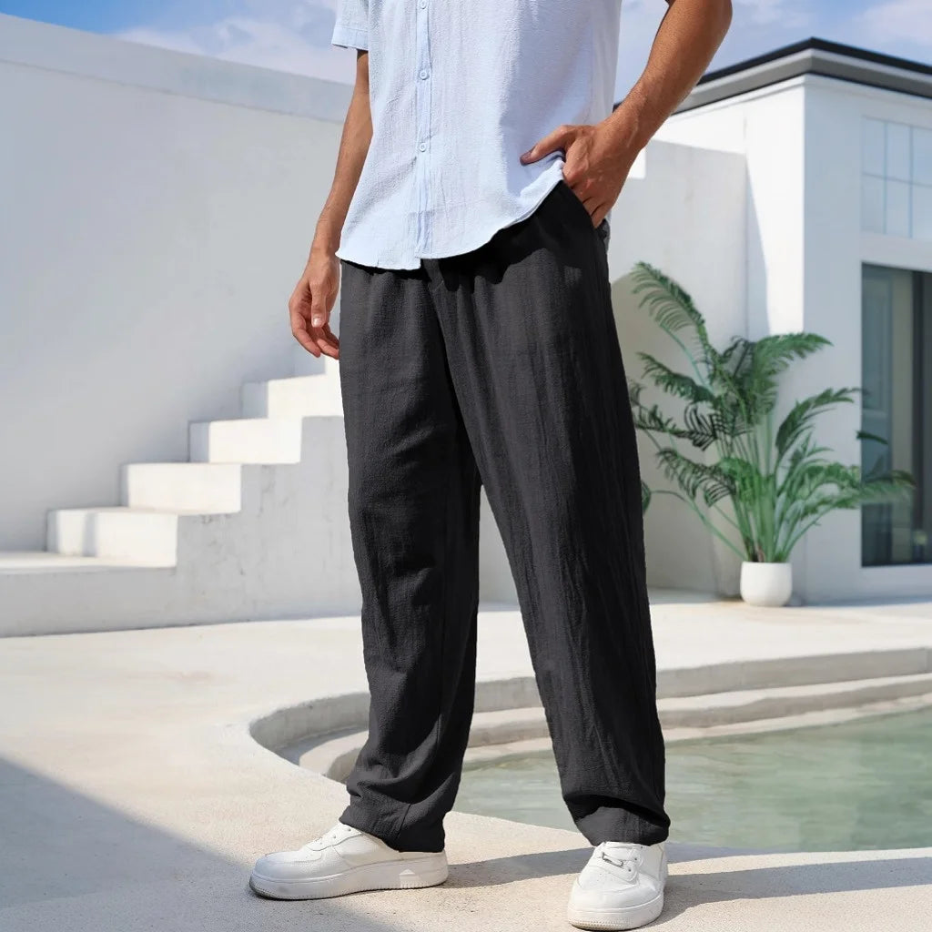 Pantalon pour homme en mélange coton-lin, coupe droite, léger, respirant et confortable ; style décontracté type plage, couleur unie, agréable à porter. YC Studio